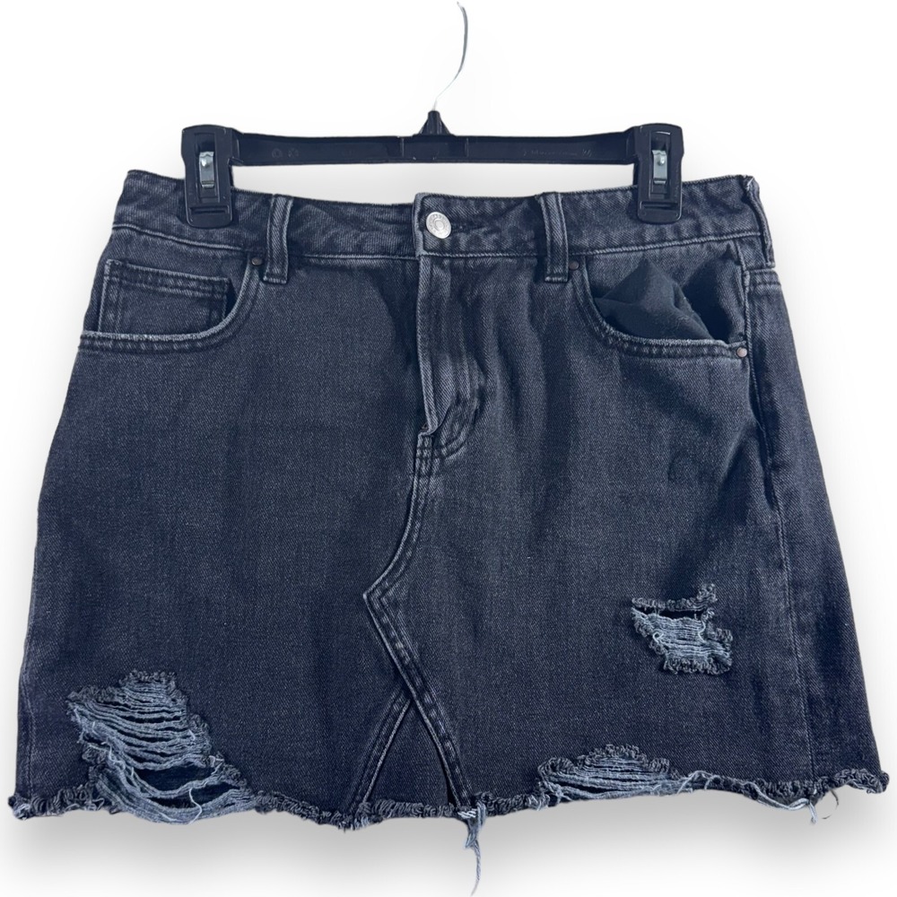 PacSun Black Denim Mini Skirt Womens 28 Distressed Raw Hem Punk Goth Y2K 90s